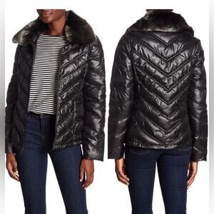 Kenneth Cole I Love New York Faux Fur Lined Coat size Large Black Puffy Jacket